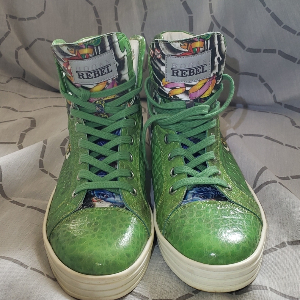 Hogan Rebel Green Tattoo Printed Leather Sneakers